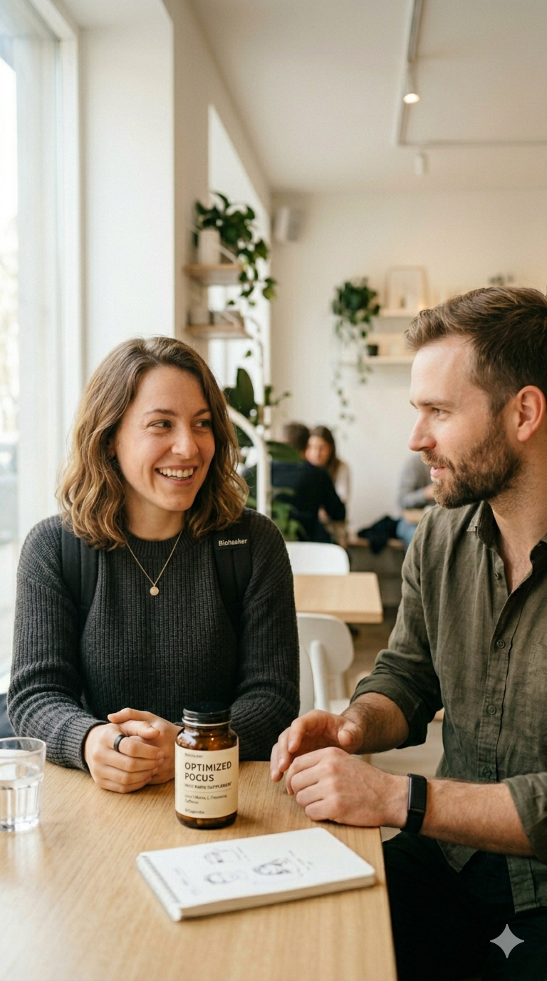 Friends recommending a supplement at a cafe