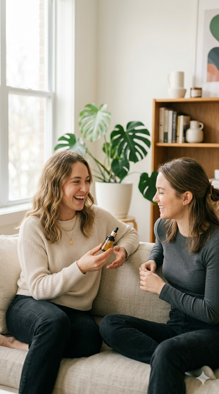 Friends sharing a supplement on the couch at home