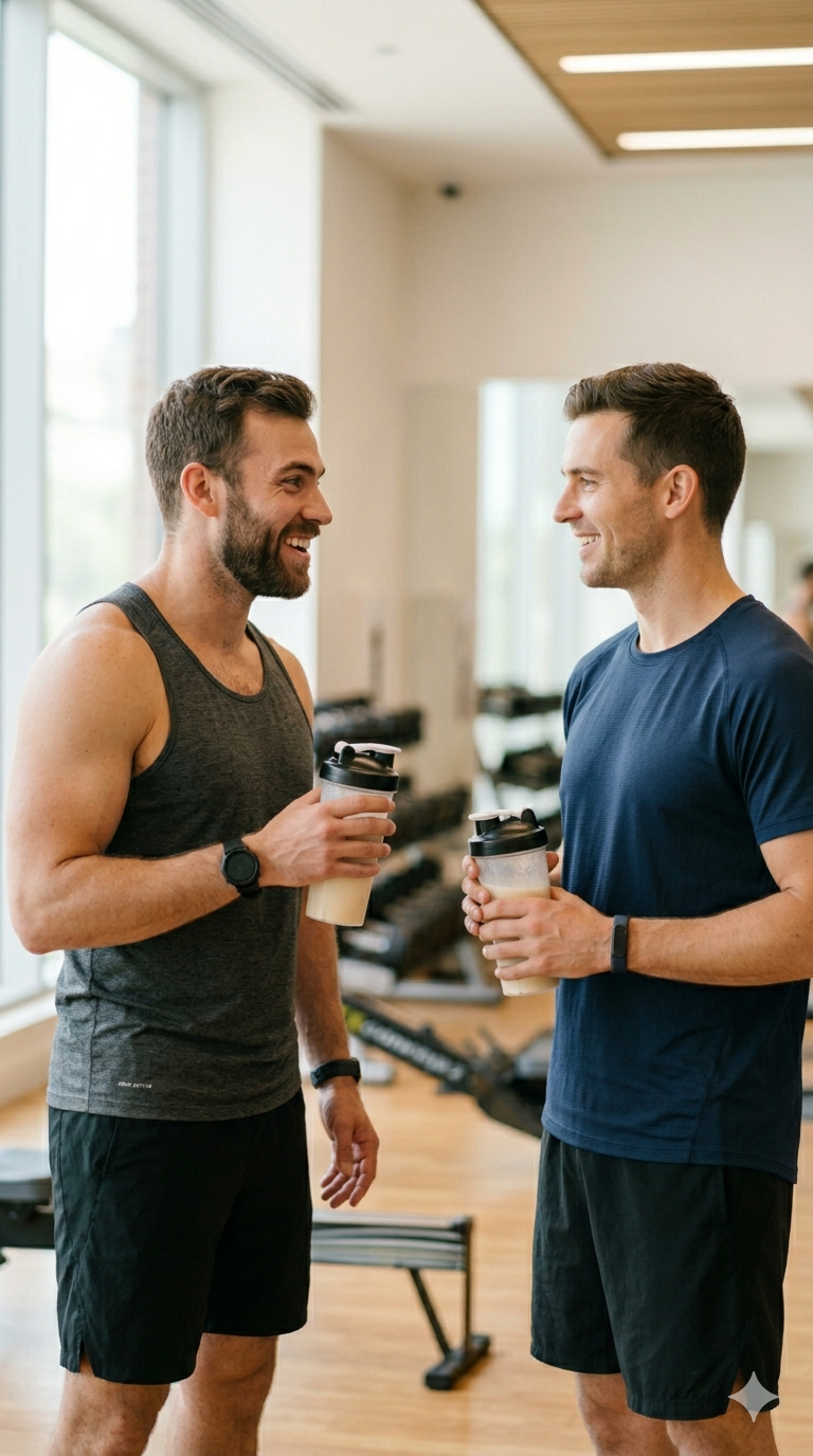 Friends recommending a supplement at the gym