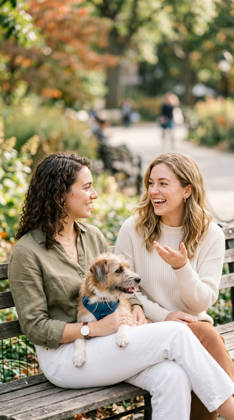 Friends on a park bench recommending a product