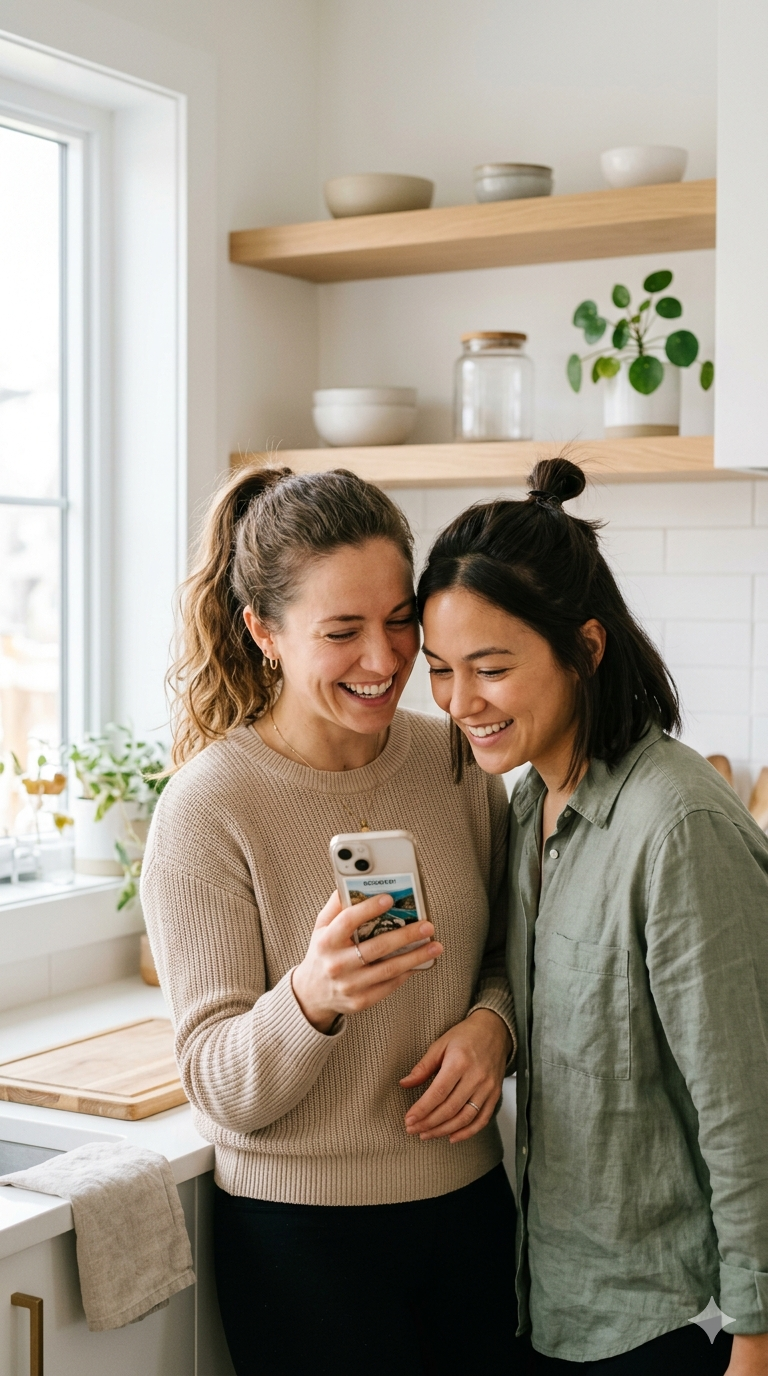 Friends sharing a product on a phone