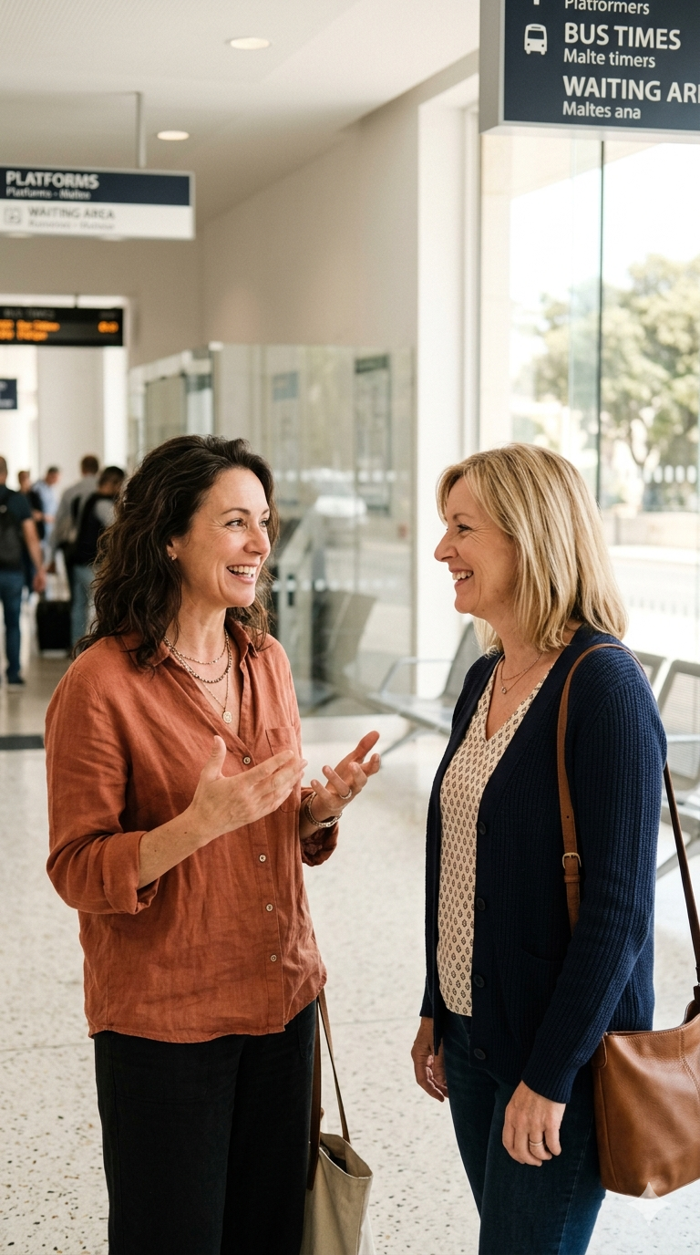 Friends chatting about a product at a transit station